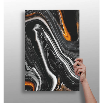 Modern black orange marble abstract aluminum wall art print
