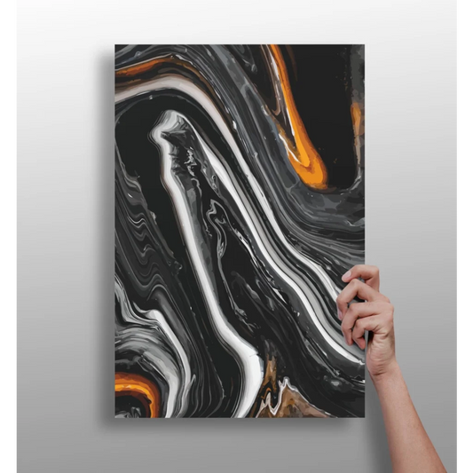 Modern black orange marble abstract aluminum wall art print