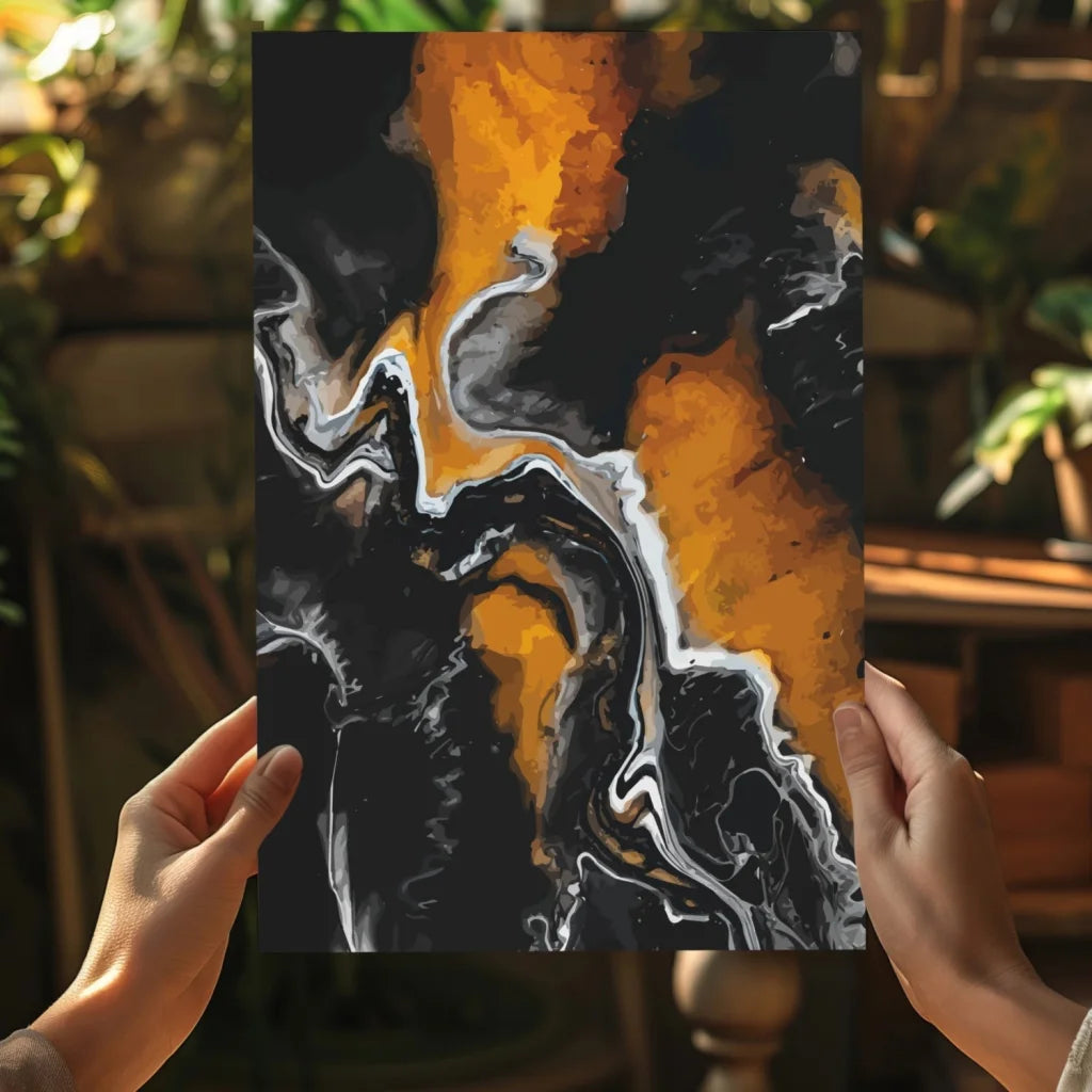 Glossy black and orange swirl abstract aluminum art print