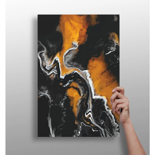 Abstract orange and black swirl aluminum art print with flowing lines