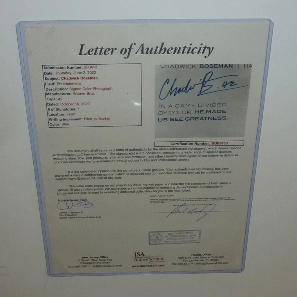 Chadwick Boseman Autograph JSA Letter for Deluxe Framed Black Panther Poster
