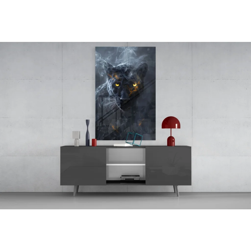Fierce black panther glass wall art with glowing amber eyes