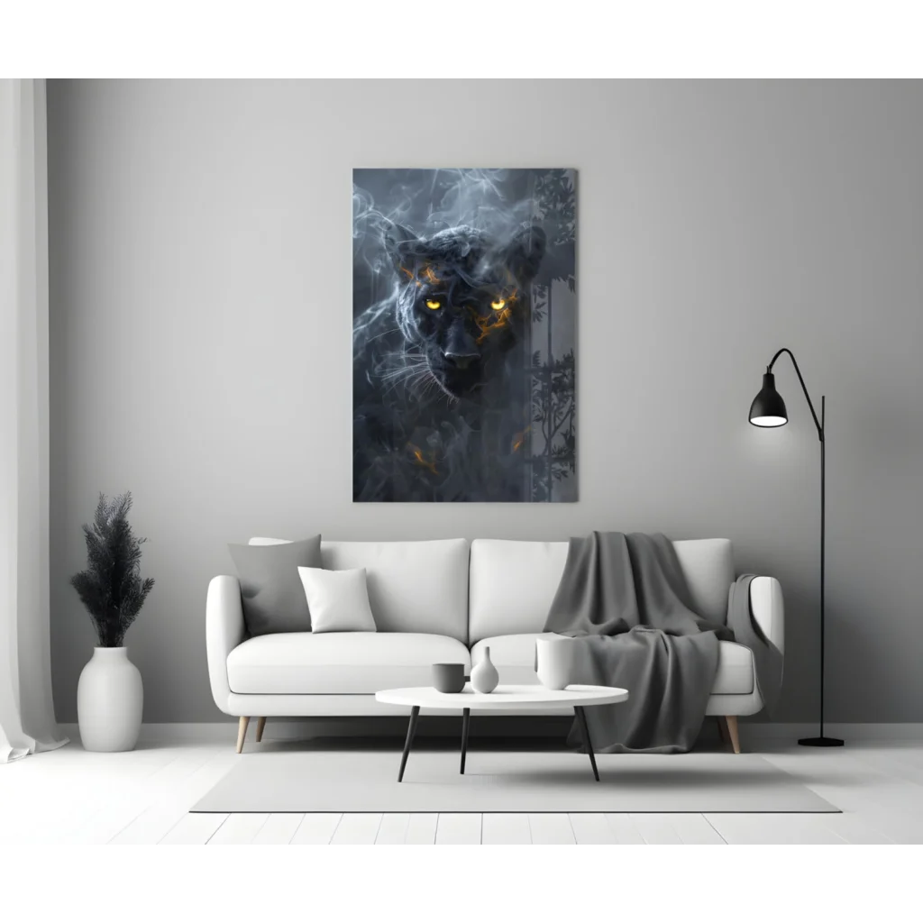 Fierce black panther glass wall art with glowing amber eyes