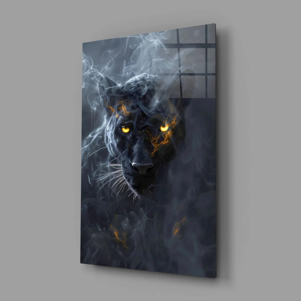 Fierce black panther glass wall art with glowing amber eyes and smoke effects on gray wall