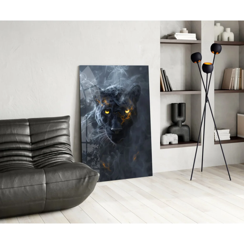 Fierce black panther glass wall art with glowing amber eyes