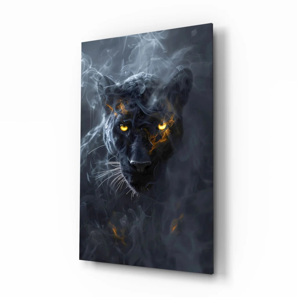 Fierce black panther glass wall art with glowing amber eyes