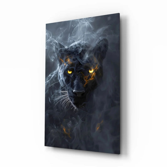 Fierce black panther glass wall art with glowing amber eyes