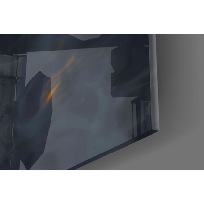 Fierce Black Panther glass wall art with glowing amber eyes and orange streaks