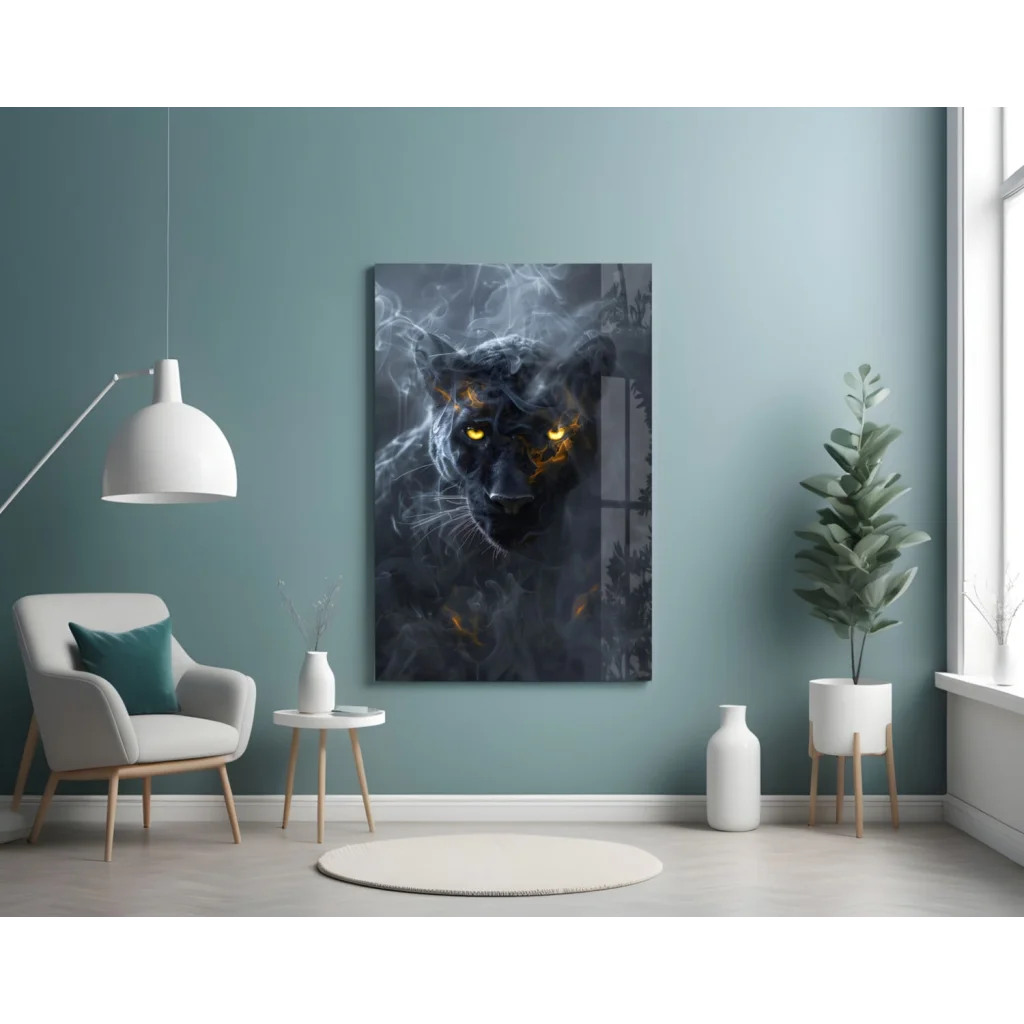 Fierce black panther glass wall art with glowing amber eyes