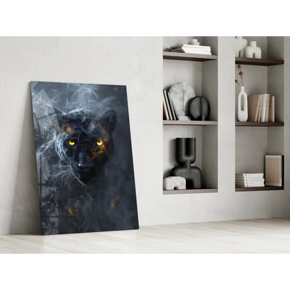 Fierce black panther glass wall art with glowing amber eyes