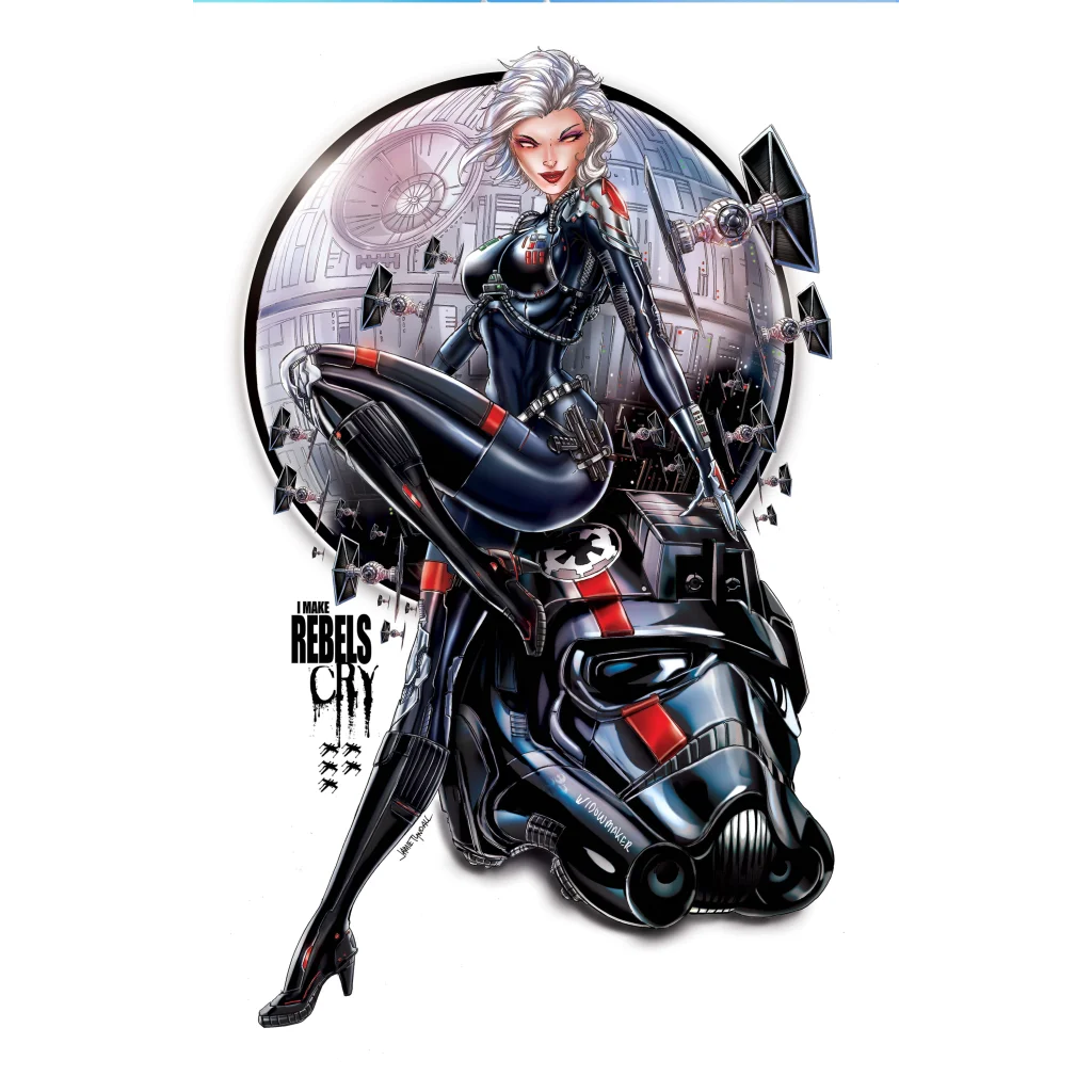 Black and red Stormtrooper helmet on brushed aluminum art print