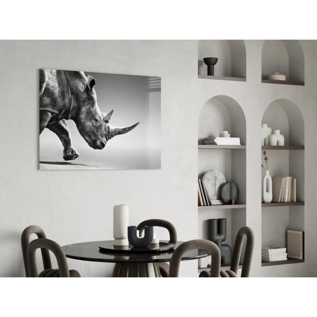 Black-and-white charging rhino canvas wall art on wall