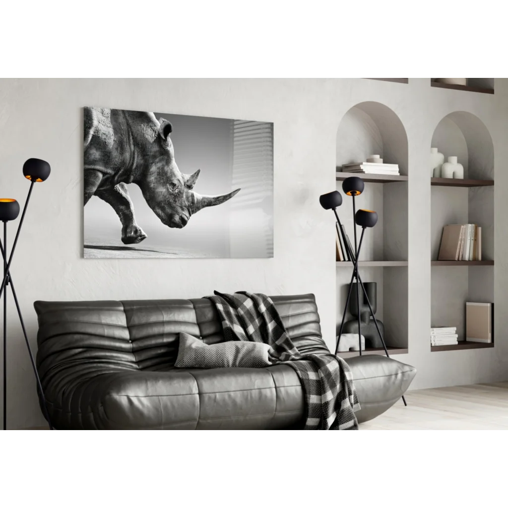 Charging Rhino Canvas Wall Art in Stunning Black and White | Contemporary Home Wall Art | vintageantiquesgifts.com