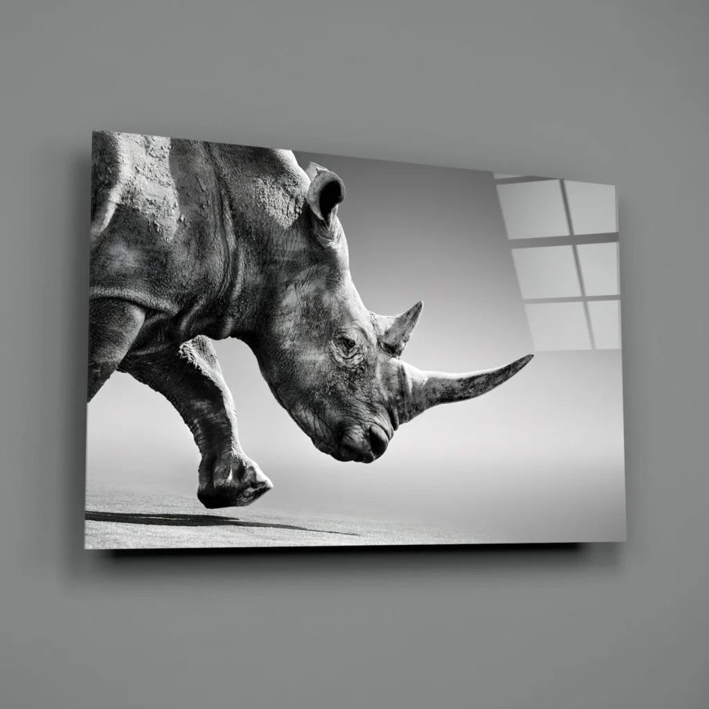 Charging Rhino Canvas Wall Art in Stunning Black and White | Glass Wall Art Print | vintageantiquesgifts.com