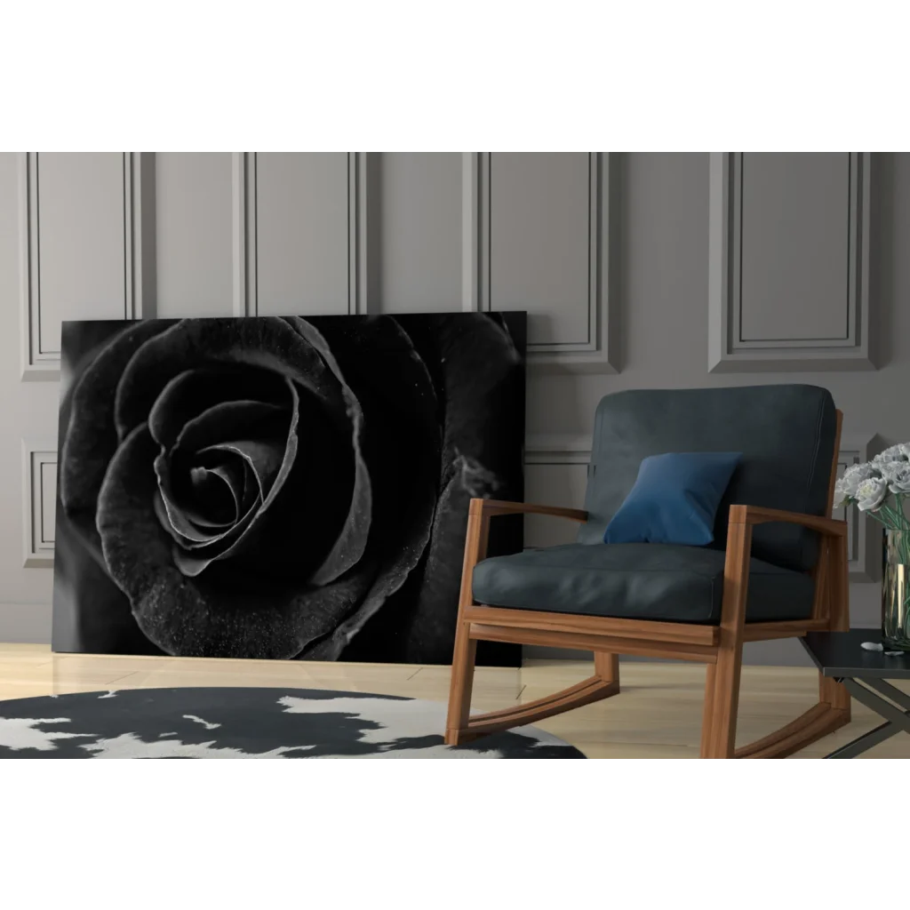 Stunning black rose canvas wall art print with grayscale texture