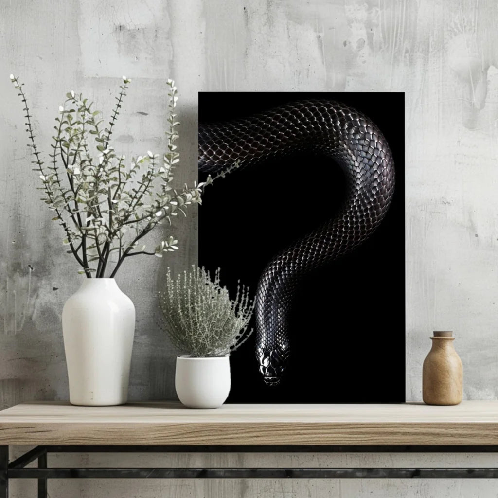 Glossy black snake art on Insigne Aluminum Prints, scale texture on black background
