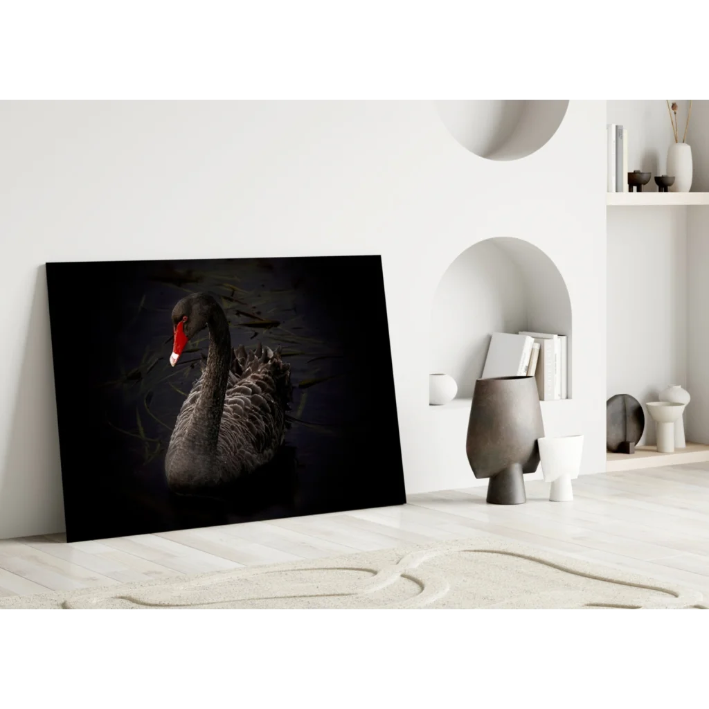 Dramatic black swan glass wall art with bold red beak accents
