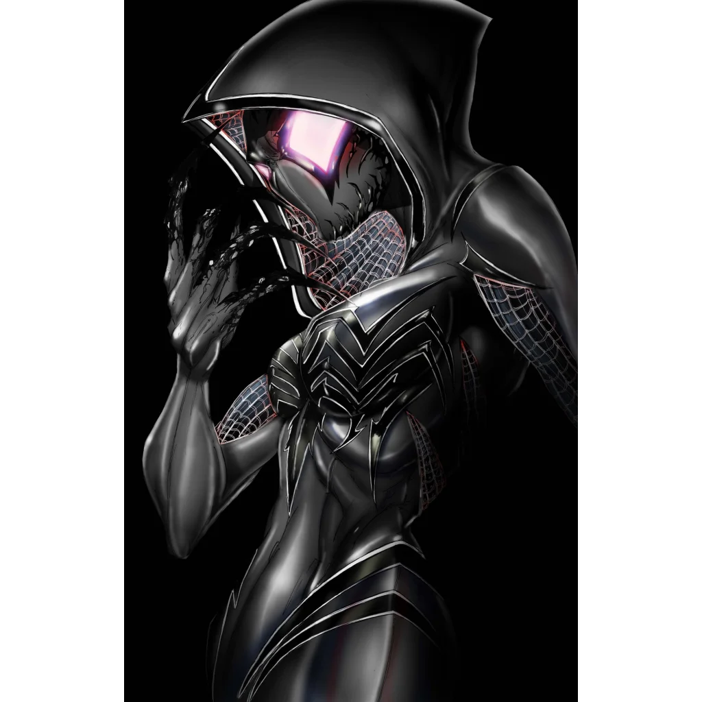 Black symbiote virgin comic suit with glossy spiderweb and glowing purple eyes