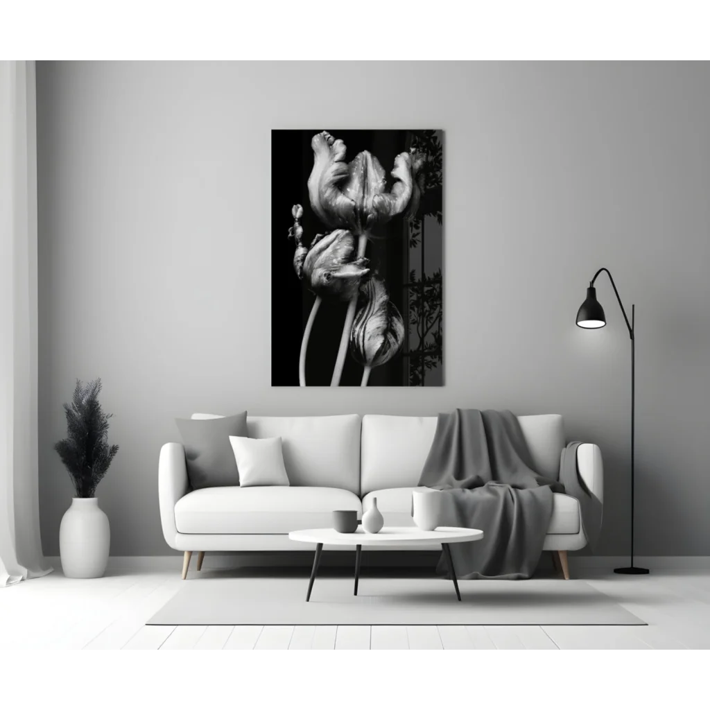 Stylized black-and-white tulips on tempered glass wall art