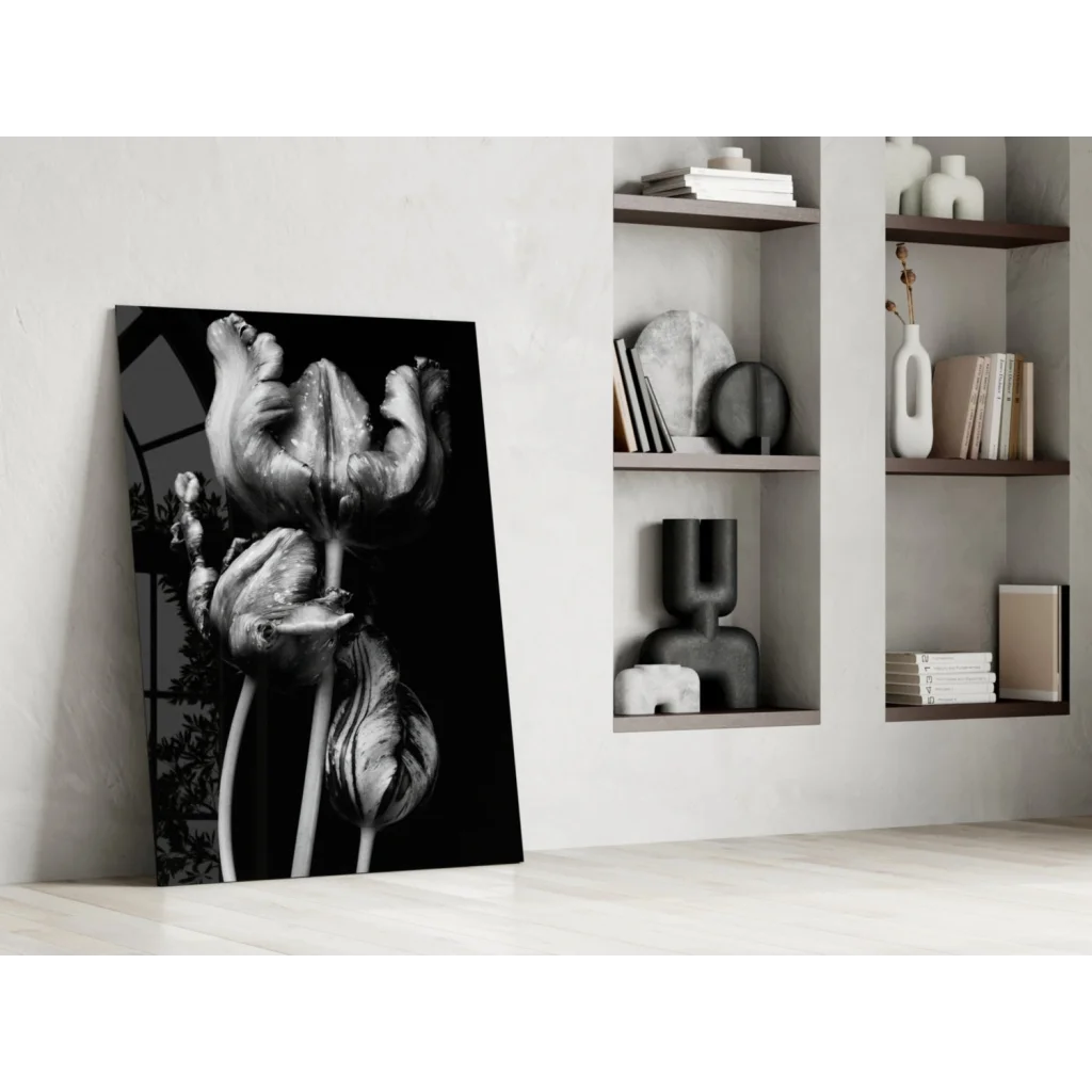 Bold black and white tulips on tempered glass wall art