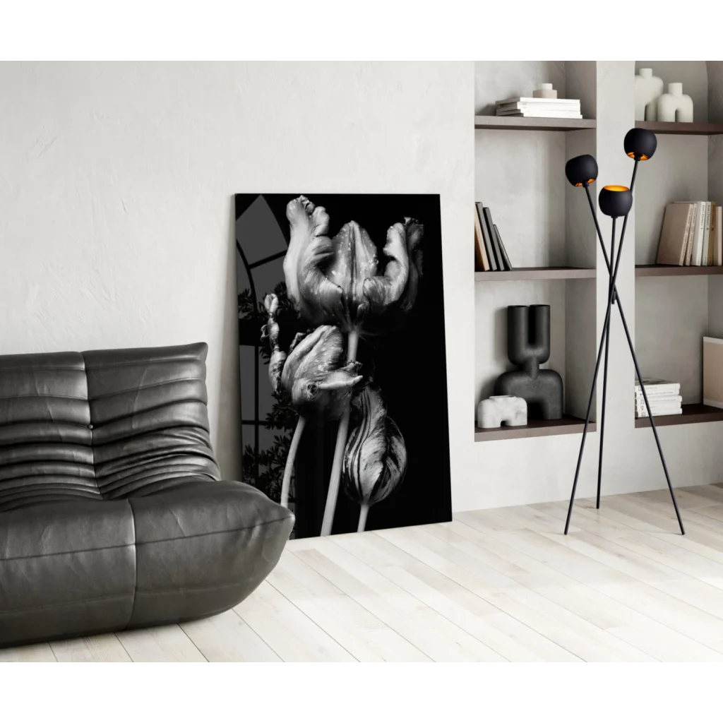 Dramatic close-up black-and-white tulips on flowers glass wall art