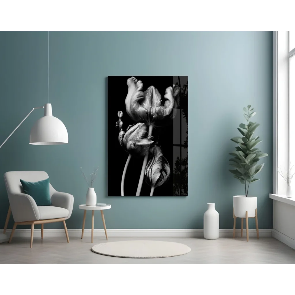 Dramatic black-and-white tulip flowers glass wall art print
