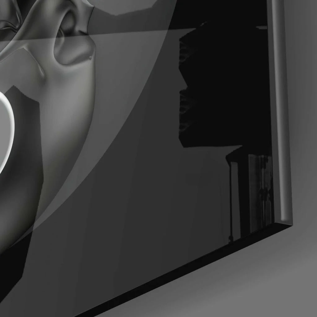 Sleek silver skull glass wall art with yin yang headphones design