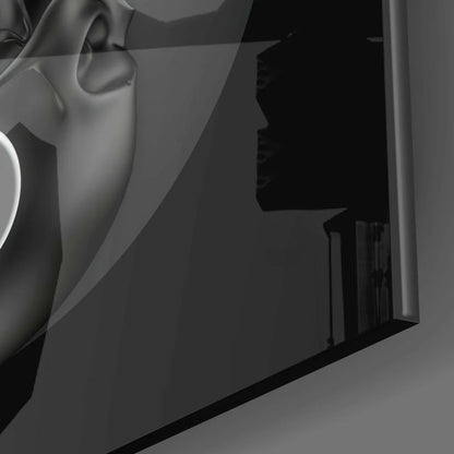 Sleek silver skull glass wall art with yin yang headphones design