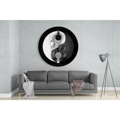 Yin Yang Skulls Tempered Glass Art with Headphones | Glass Wall Art Print | vintageantiquesgifts.com