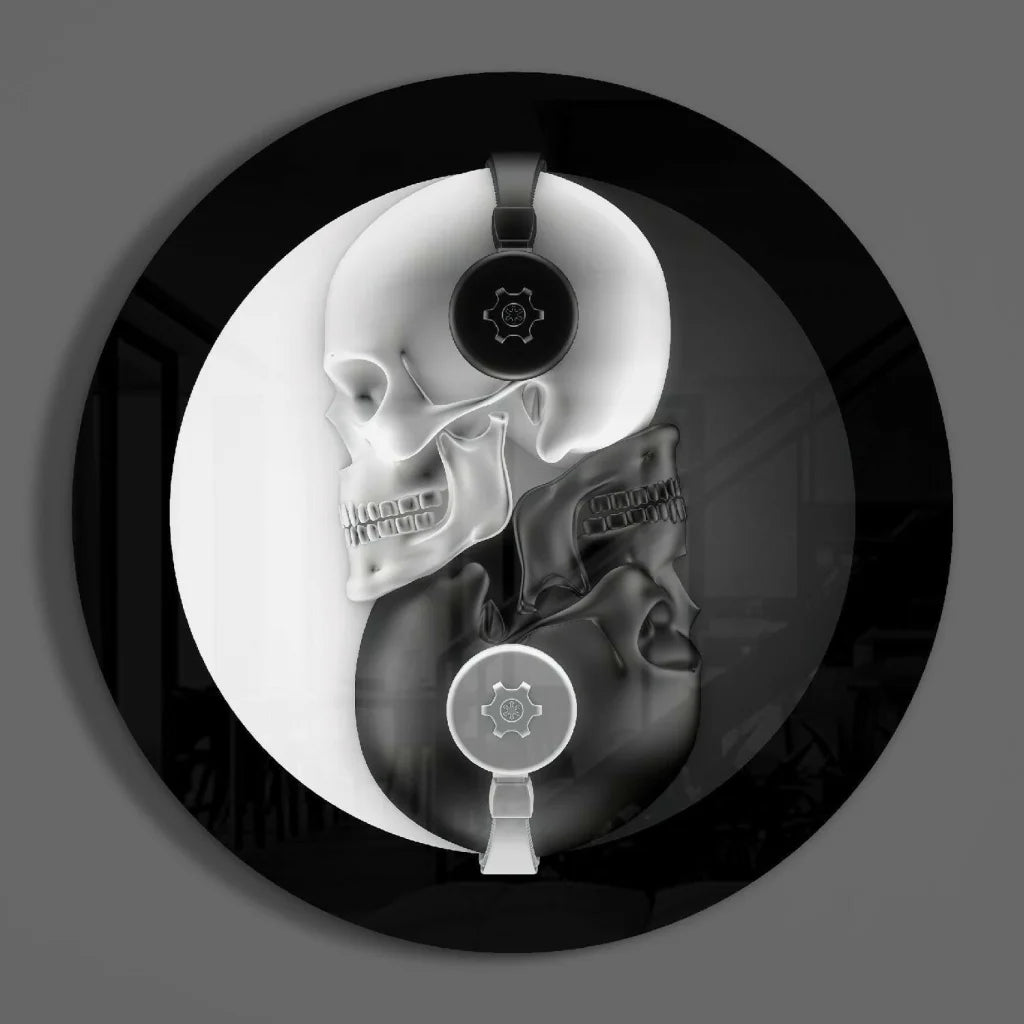Yin Yang Skulls Tempered Glass Art with Headphones | Modern Wall Art Decor | vintageantiquesgifts.com