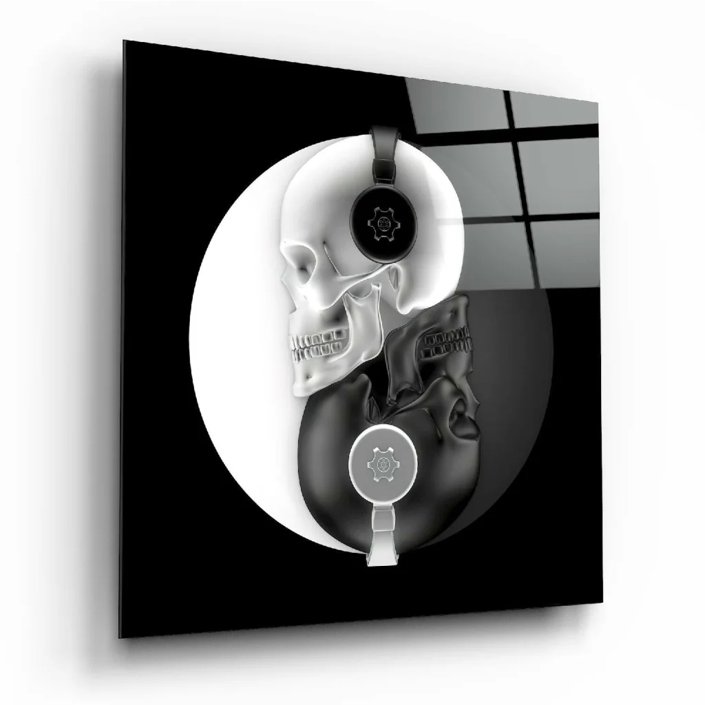 Yin yang skulls glass wall art with headphones in black and white