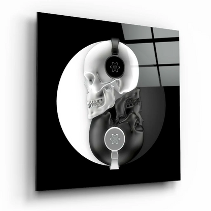 Yin yang skulls glass wall art with headphones in black and white
