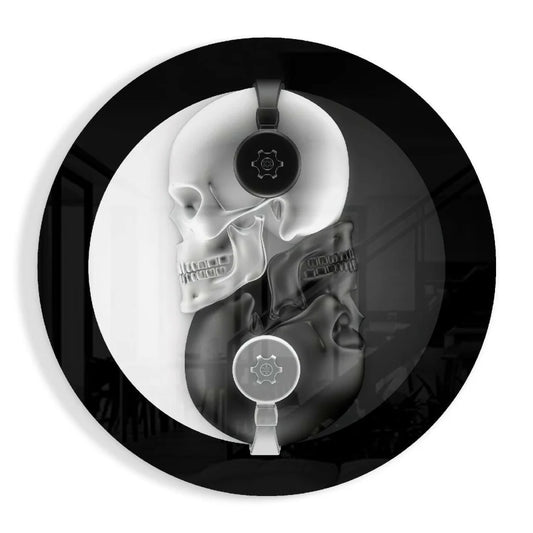 Black and white yin yang skulls with headphones on tempered glass art