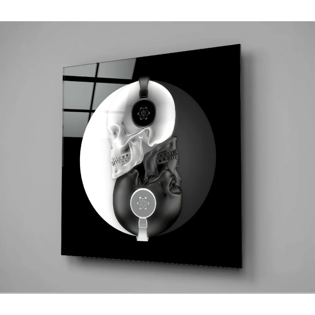 Black and white yin yang skulls glass wall art with headphones