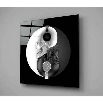 Black and white yin yang skulls glass wall art with headphones