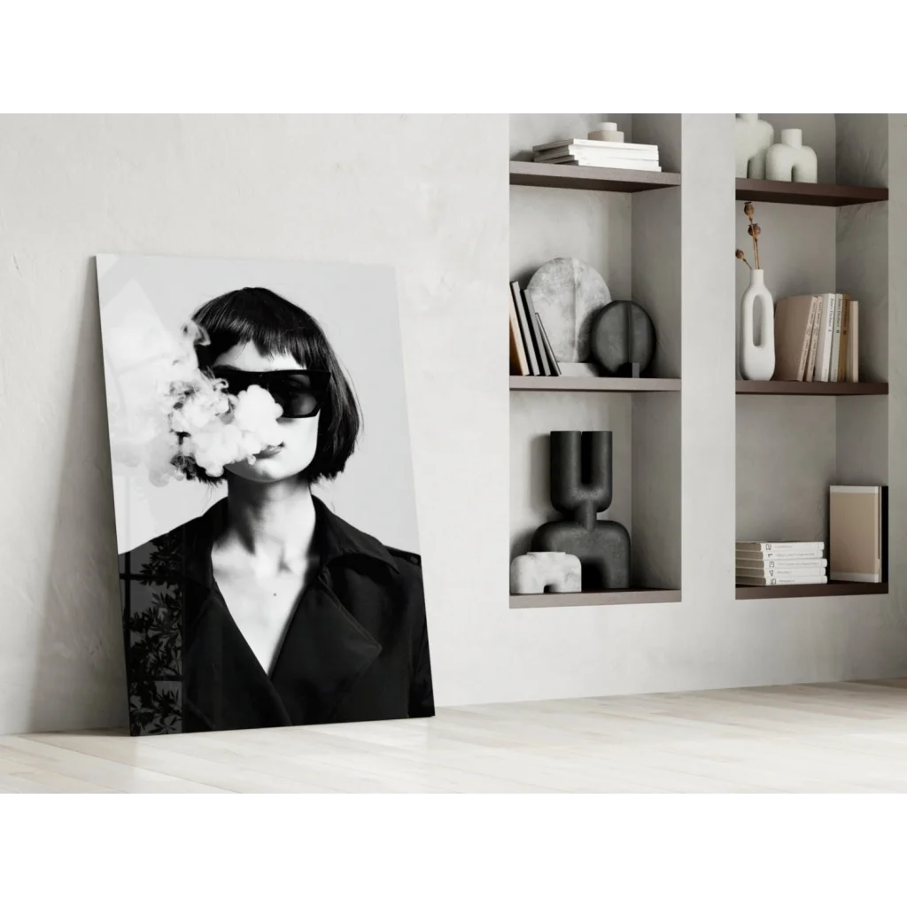 Edgy black-and-white woman exhaling smoke canvas wall art
