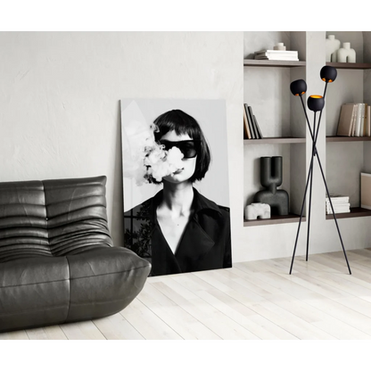 Edgy black-and-white canvas wall art of woman exhaling smoke