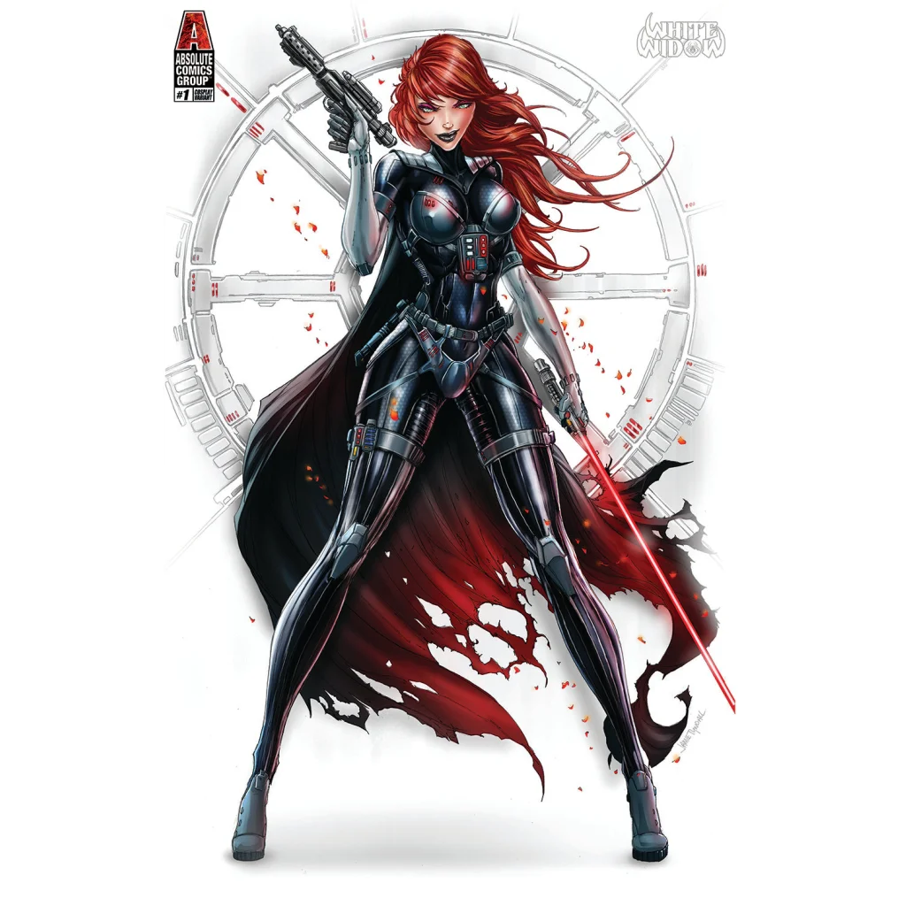 Black Widow in sleek black silver suit with red cape, limited edition signed comic
