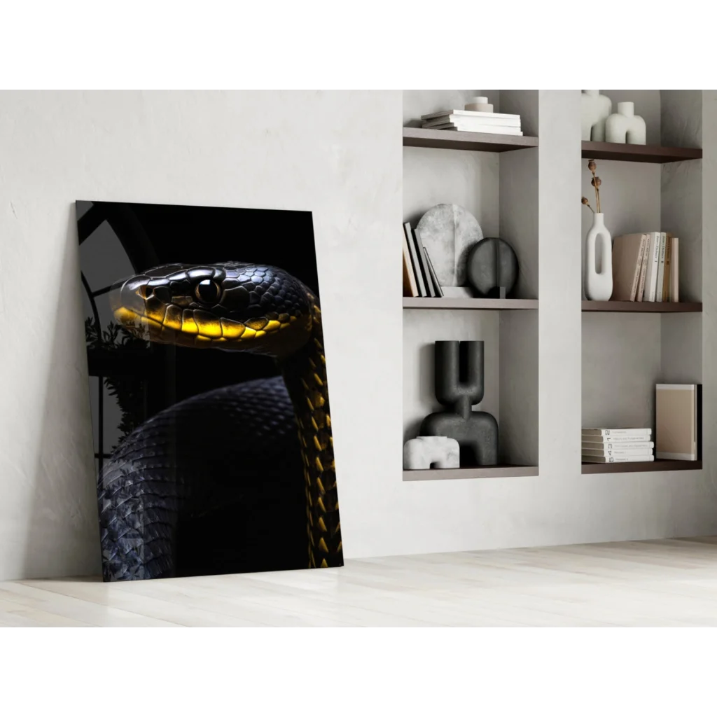 Stunning black gold snake glass wall art print with glossy finish