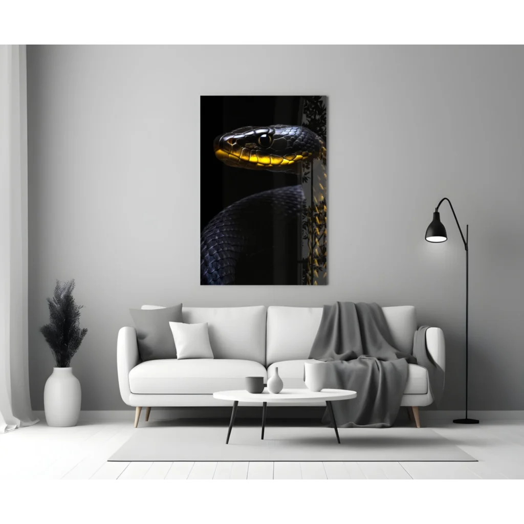 Stunning black and gold snake head glass wall art print