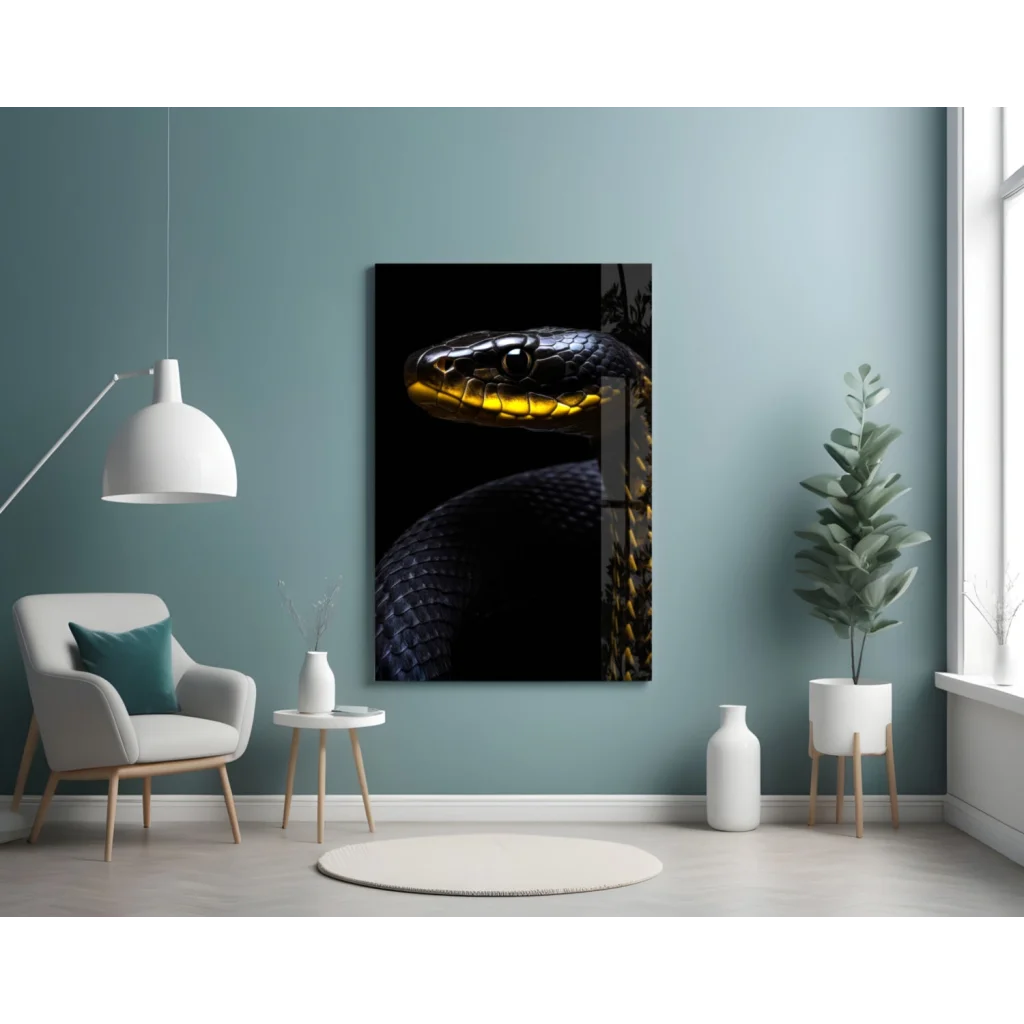 Stunning black gold snake glass wall art on teal wall