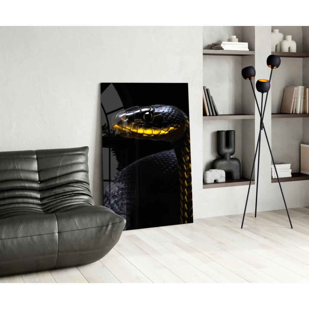Stunning black gold snake glass wall art print portrait