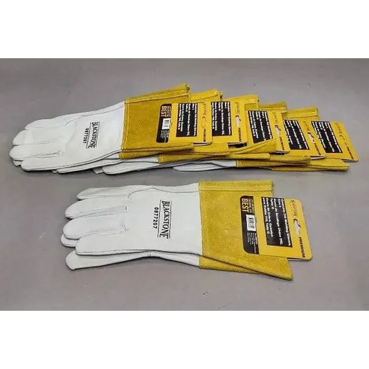 Stacks of new Blackstone Premium Goatskin TIG Welding Gloves in white and yellow leather