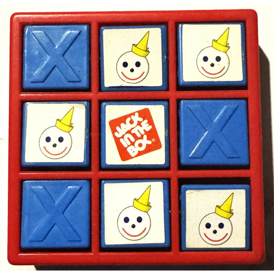 Jack-in-the-box themed Tic Tac Toe game with blue X’s and clown faces fun