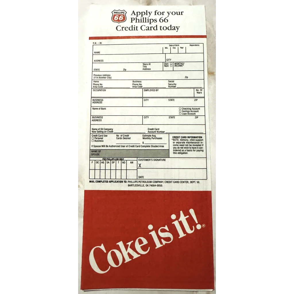 Credit card application form for Phillips 66 with Coke is it slogan in vintage style