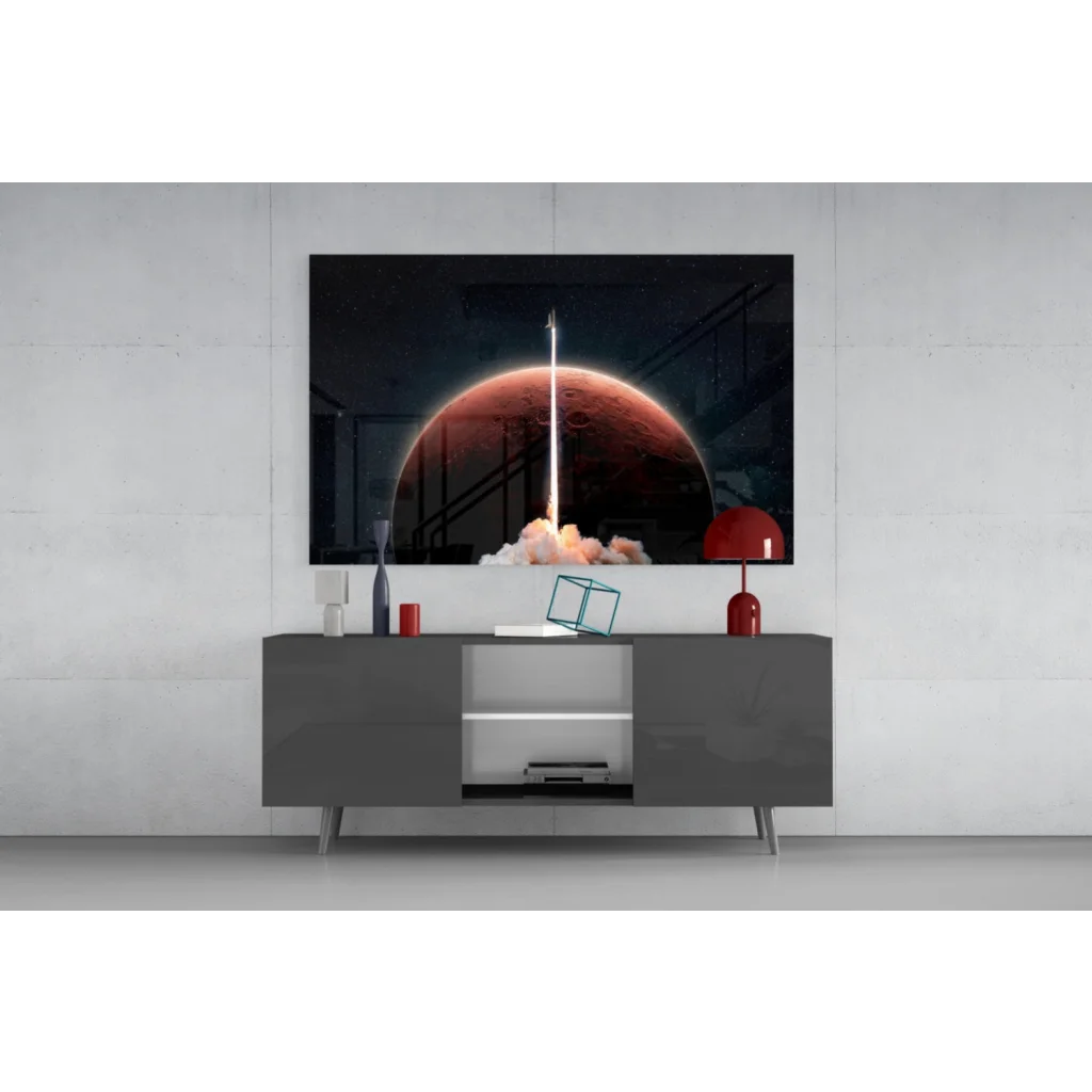 Samsung QLED TV in Blast Off Red Planet Rocket wall art