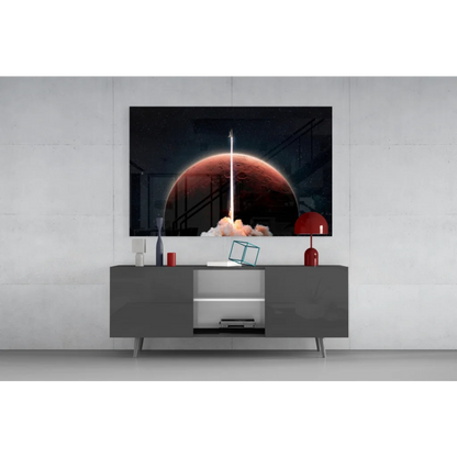 Samsung QLED TV in Blast Off Red Planet Rocket wall art