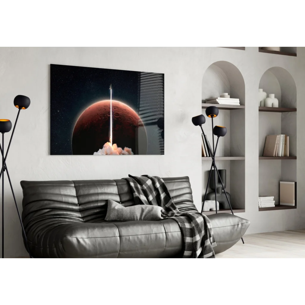 Black leather sofa with throw blanket under Blast Off Red Planet Rocket wall art