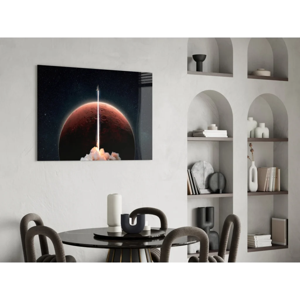Modern minimalist red planet wall art with rocket launch design