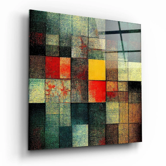 Stunning abstract glass wall art with golden calligraphy and mosaic textures